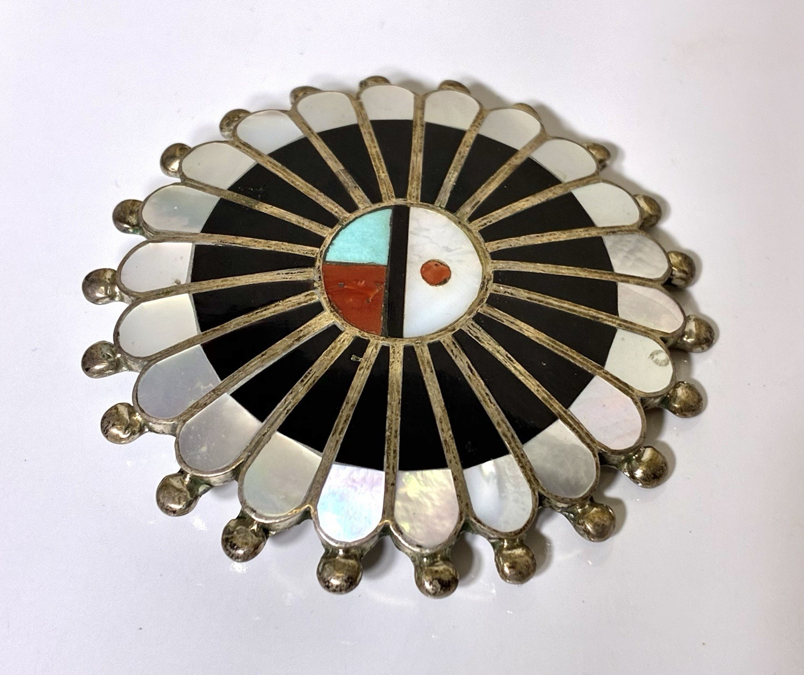 Zuni Sunface Sterling Silver Inlay Pin Pendant MOP Jet Turquoise Coral Signed