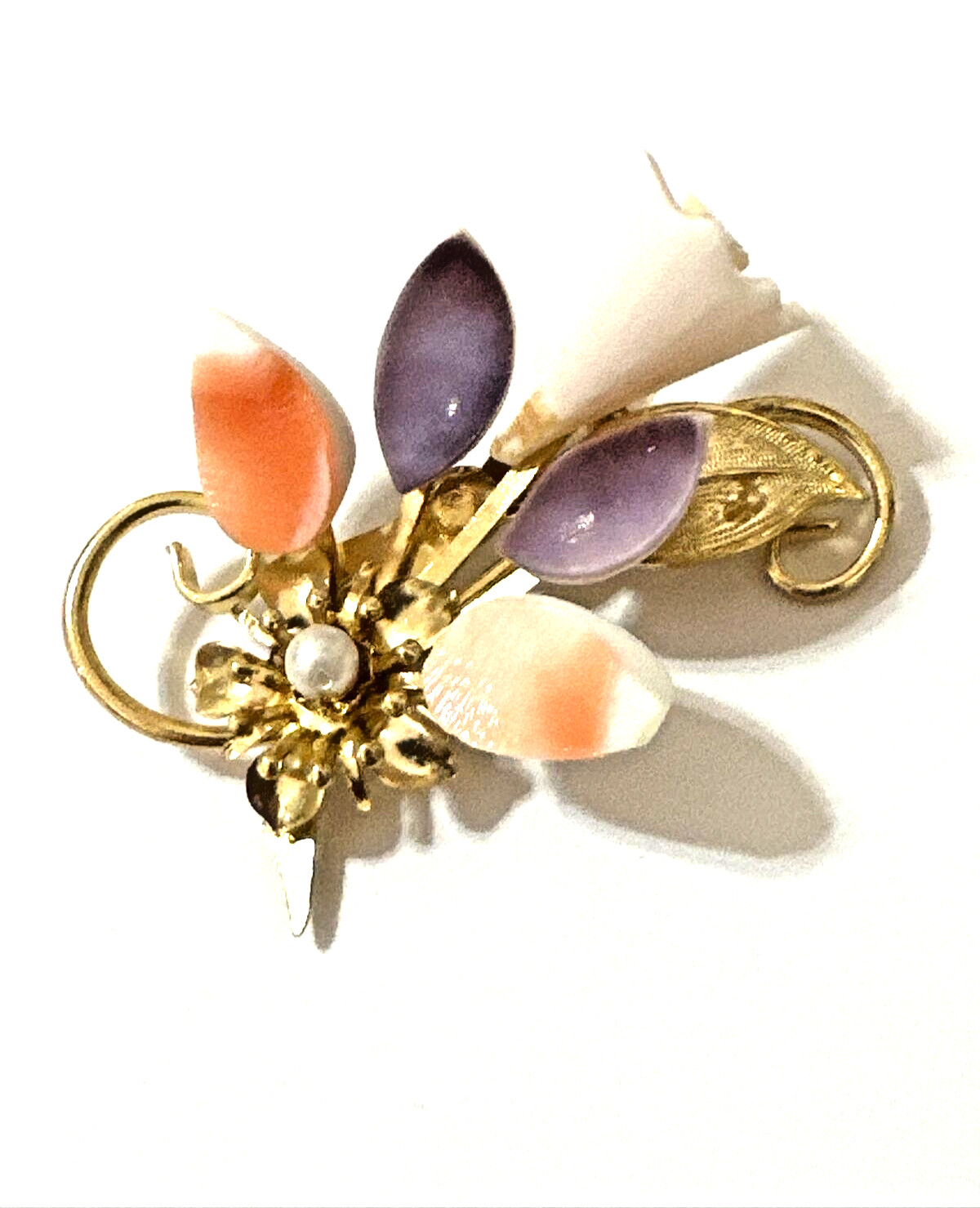 Vintage FLORAL Brooch Pink White Purple Shell Petals Gold Tone w/ Box 2″
