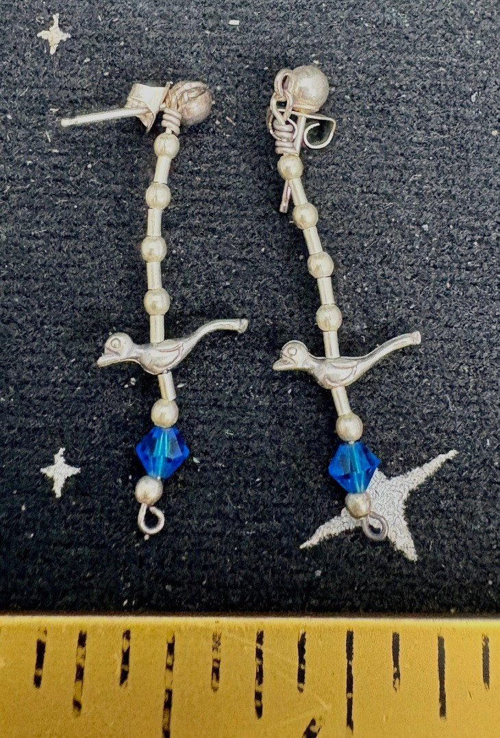 VTG Sterling Silver Earrings Dangle w/A Bird Charm & Blue Crystal Post 1.5″ 1.8G