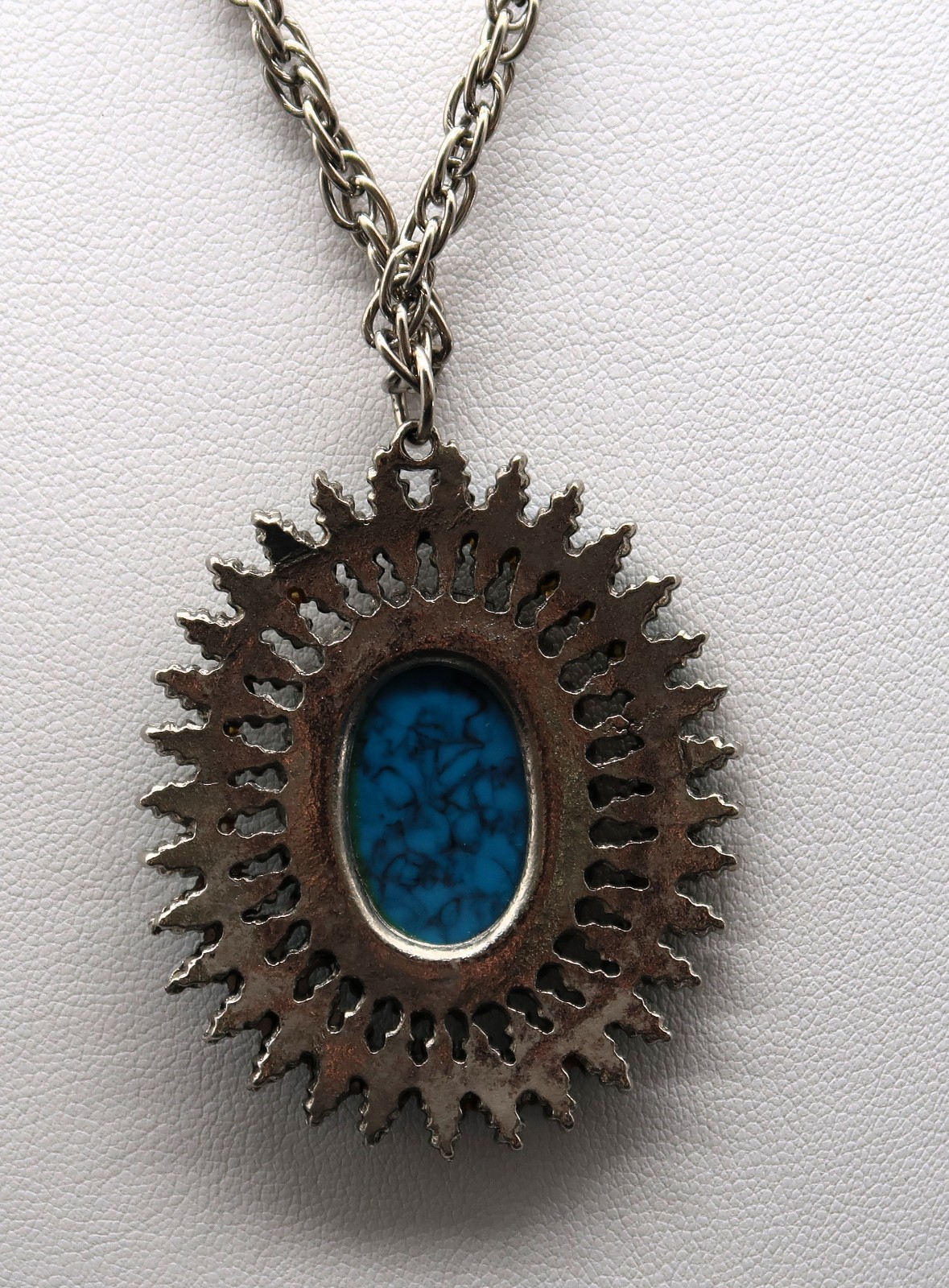 Vtg South Western Style Faux Turquoise Cabochon Silver Tone Chain Necklace
