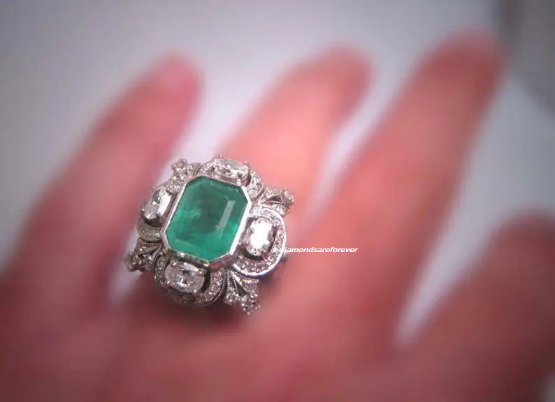 Antique 6.60ct Emerald Stone Vintage Art Deco Wedding Sterling 925 Silver Ring