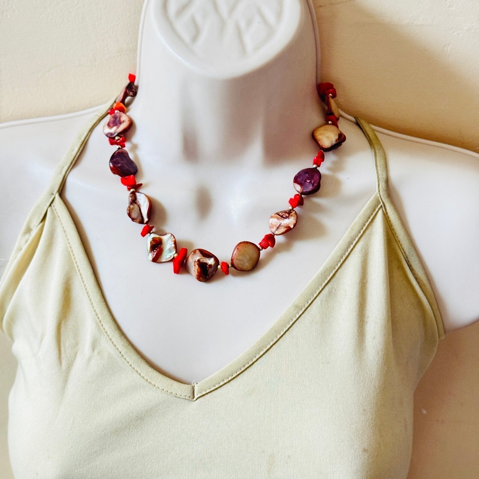 VTG BOHO chunky Coral Abalone Shell Natural Necklace Collar Genuine Beads 17″L