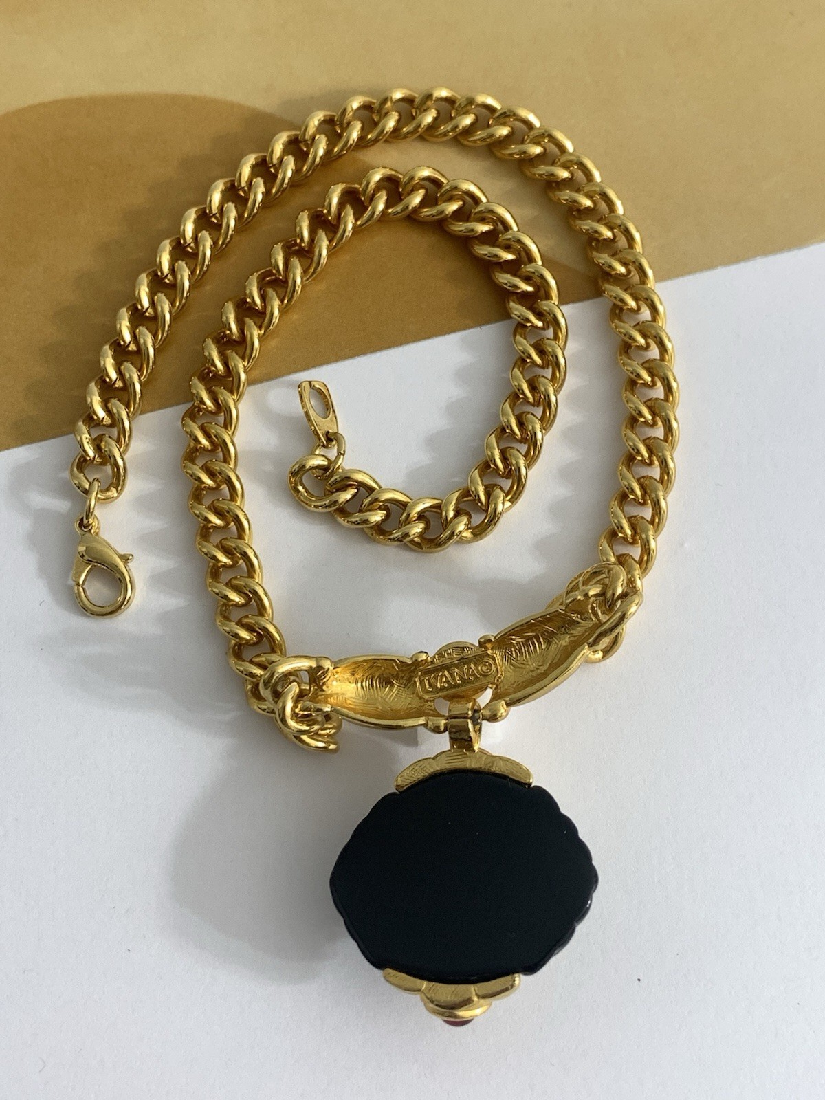 Vintage IVANA Trump Necklace Gold Tone Red Glass Cabochons Carved Black Lucite