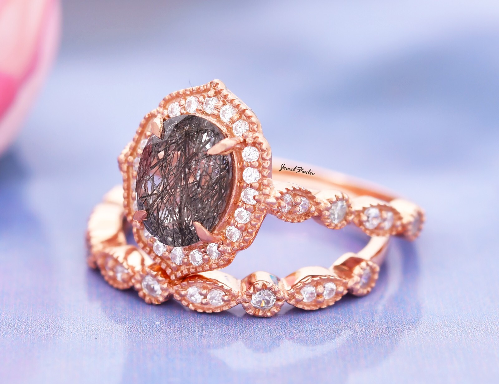 2PCS Black Rutile Ring Engagement band Ring Bridal Ring Black Diamond Ring Gifts