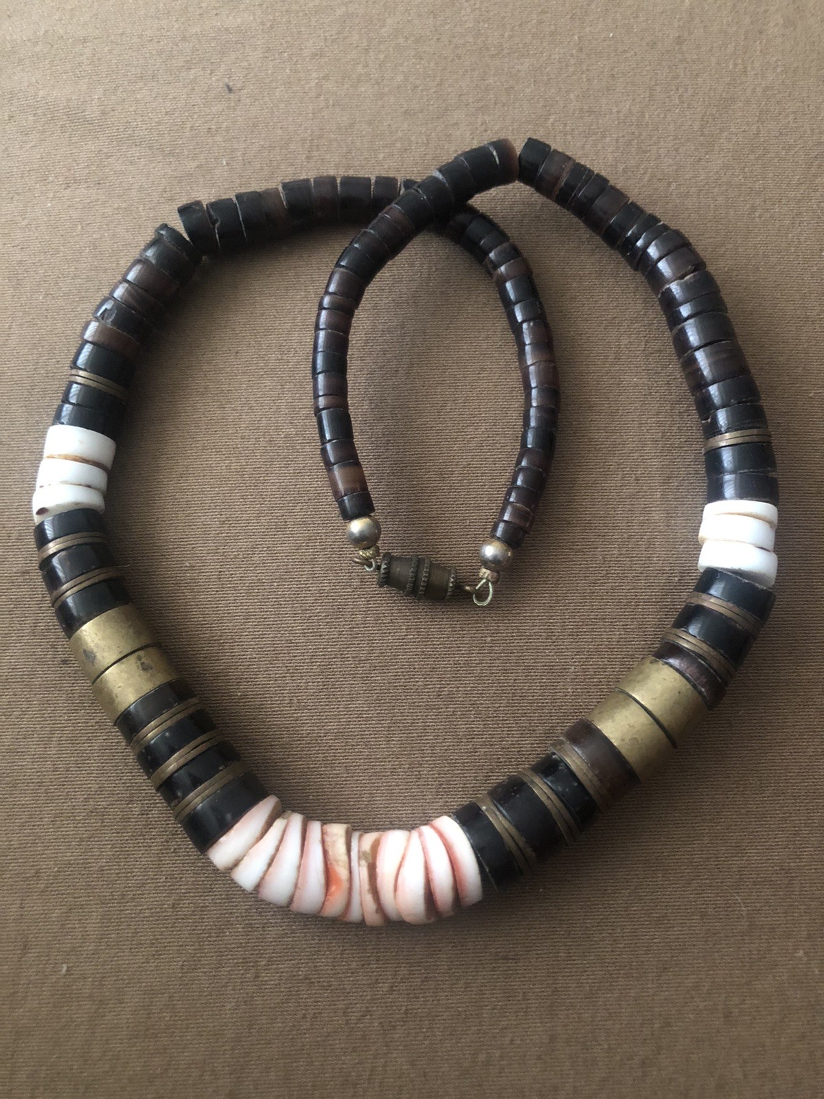 Heishi Necklace w Shell & Horn Graduated & Bronze Accent Beads 18”