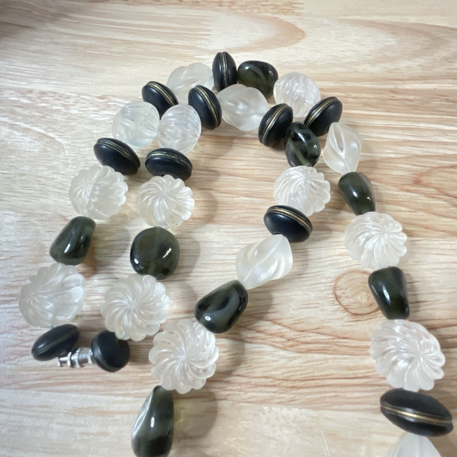 Vintage Frosted Lucite Bead Necklace Black Wood & Glass Chunky Retro 1980s 25″