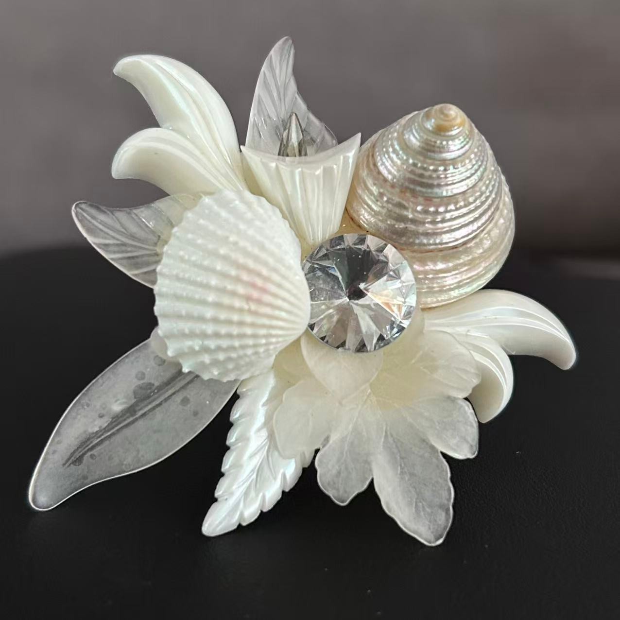 Vintage Sea Shell Acrylic Brooch Large Statement Tropical Beach Rhinestone Pin