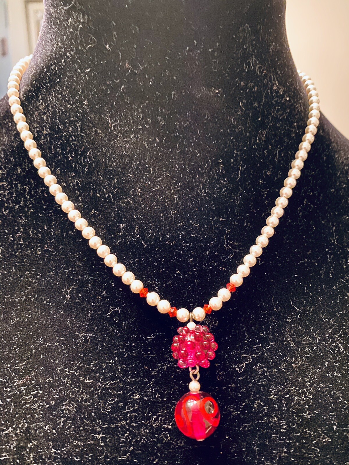 EMILY RAY STERLING SILVER Faux Pearl & Crystal Glass NECKLACE 15-17” IN LONG 925