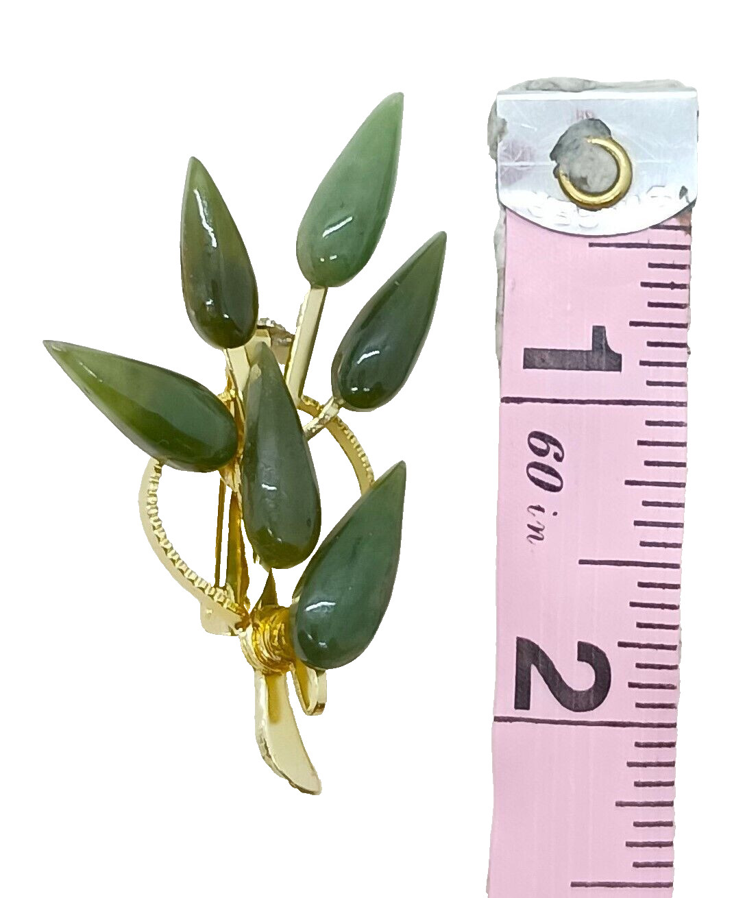 Elegant vintage gold tone metal & simulated green jade bamboo leaf brooch/pin