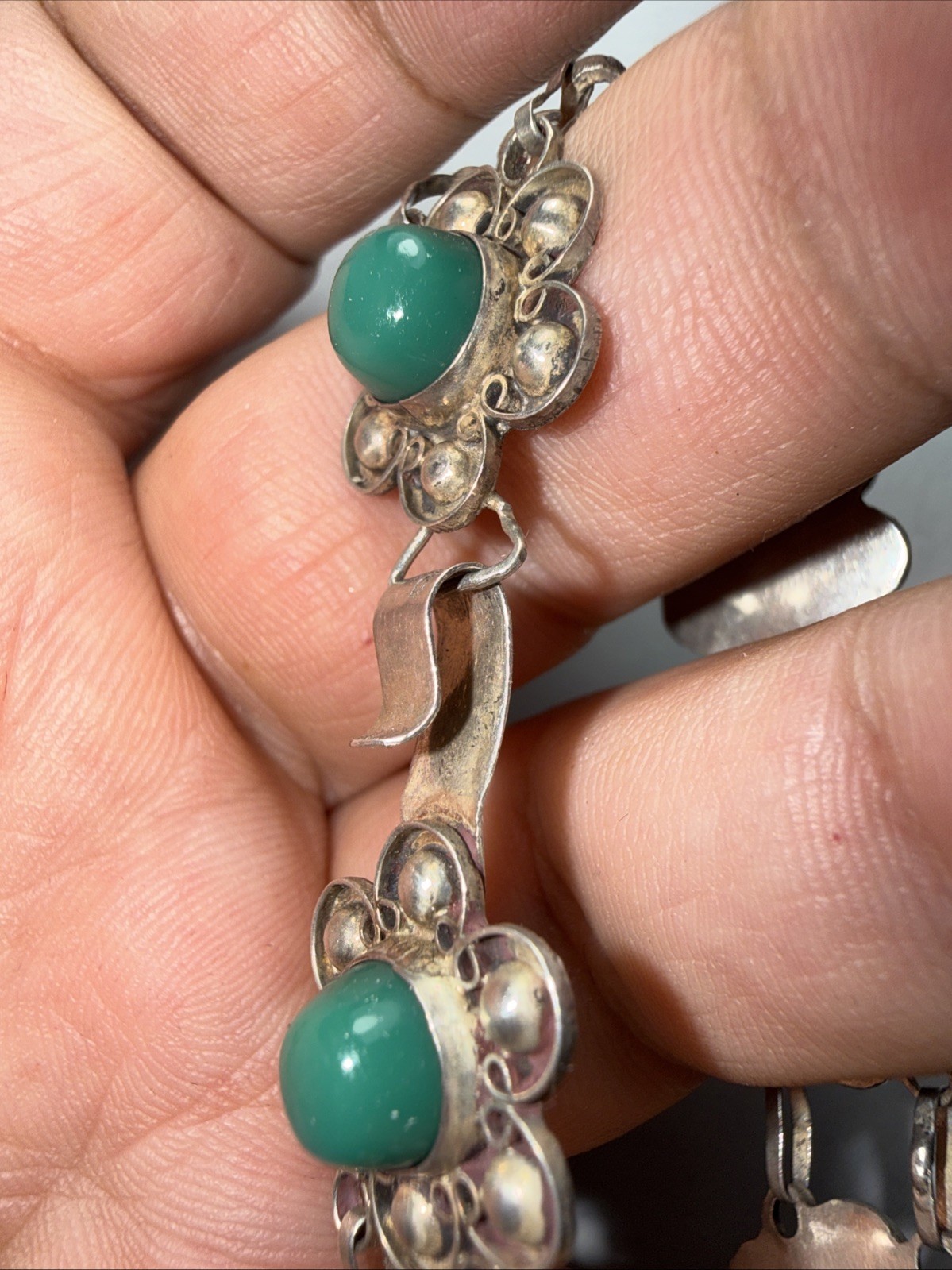 bracelet Taxco Mexico 980 Silver Better Than 925 Sterling Green Onyx Vintage 7.5