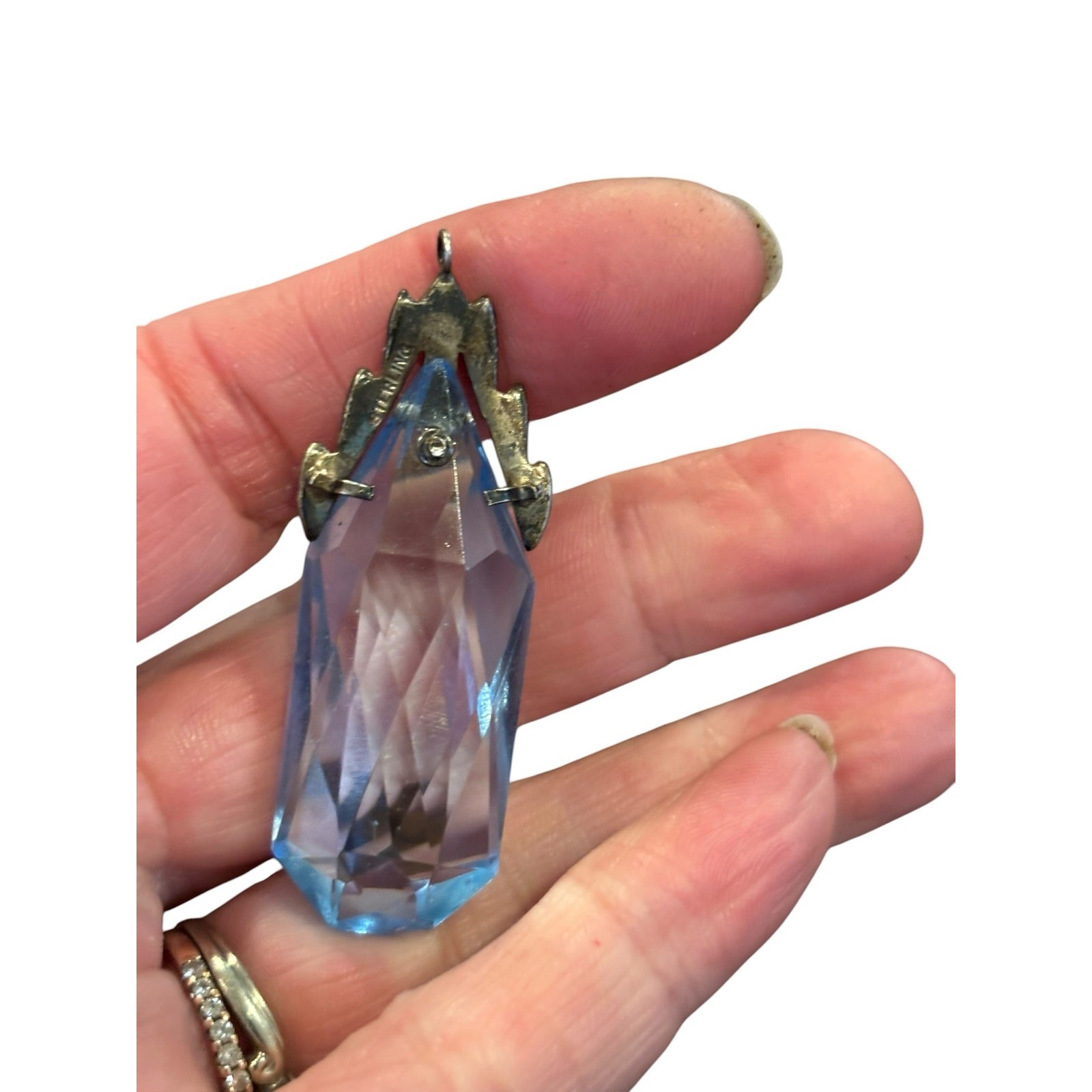 Ice Blue Crystal Pendant Sterling Silver Art Deco Czech Style