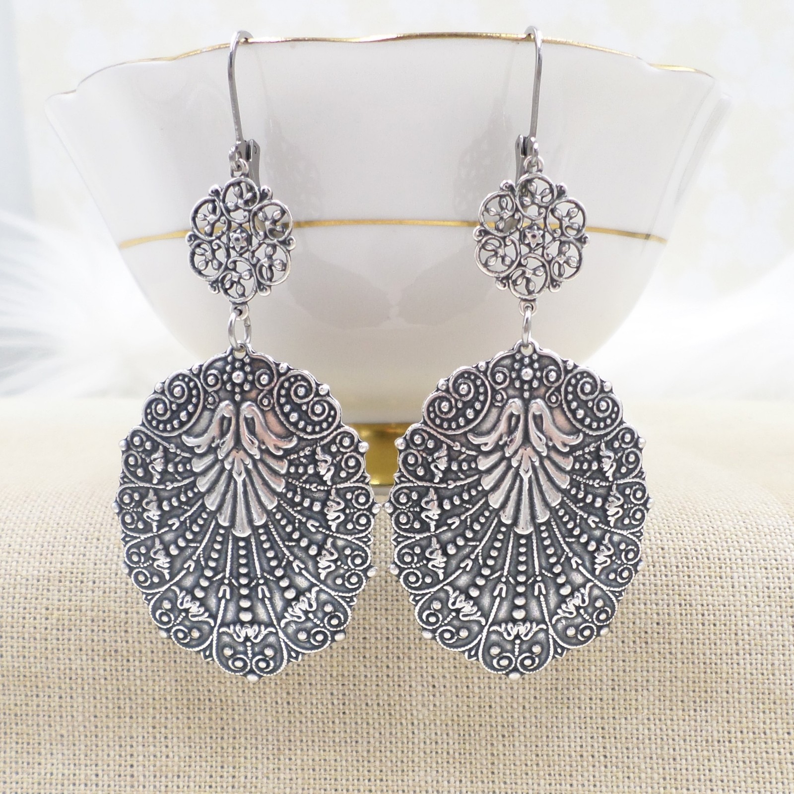 Large Antique Silver Filigree Statement Earrings, Bohemian Ethnic Style Jewelry
