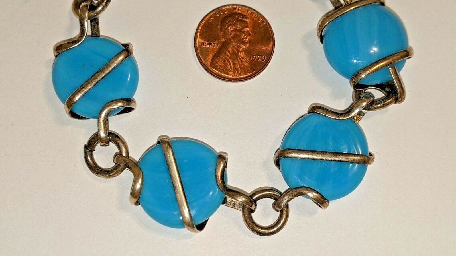 VINTAGE STERLING SILVER MEXICO BRACELET BLUE STONES ABOUT 8 3/4″ SIGNED MEX 925