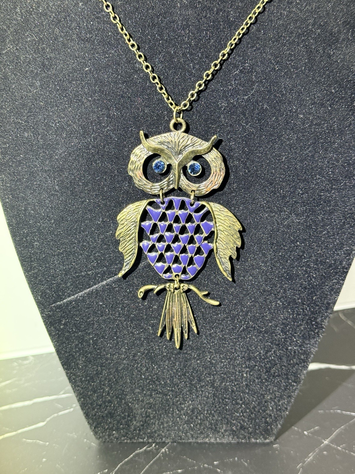 Vtg 1970″s Articulated Owl Pendant 3.75″ Silver Tone Blue Stone Eyes 30″ Chain