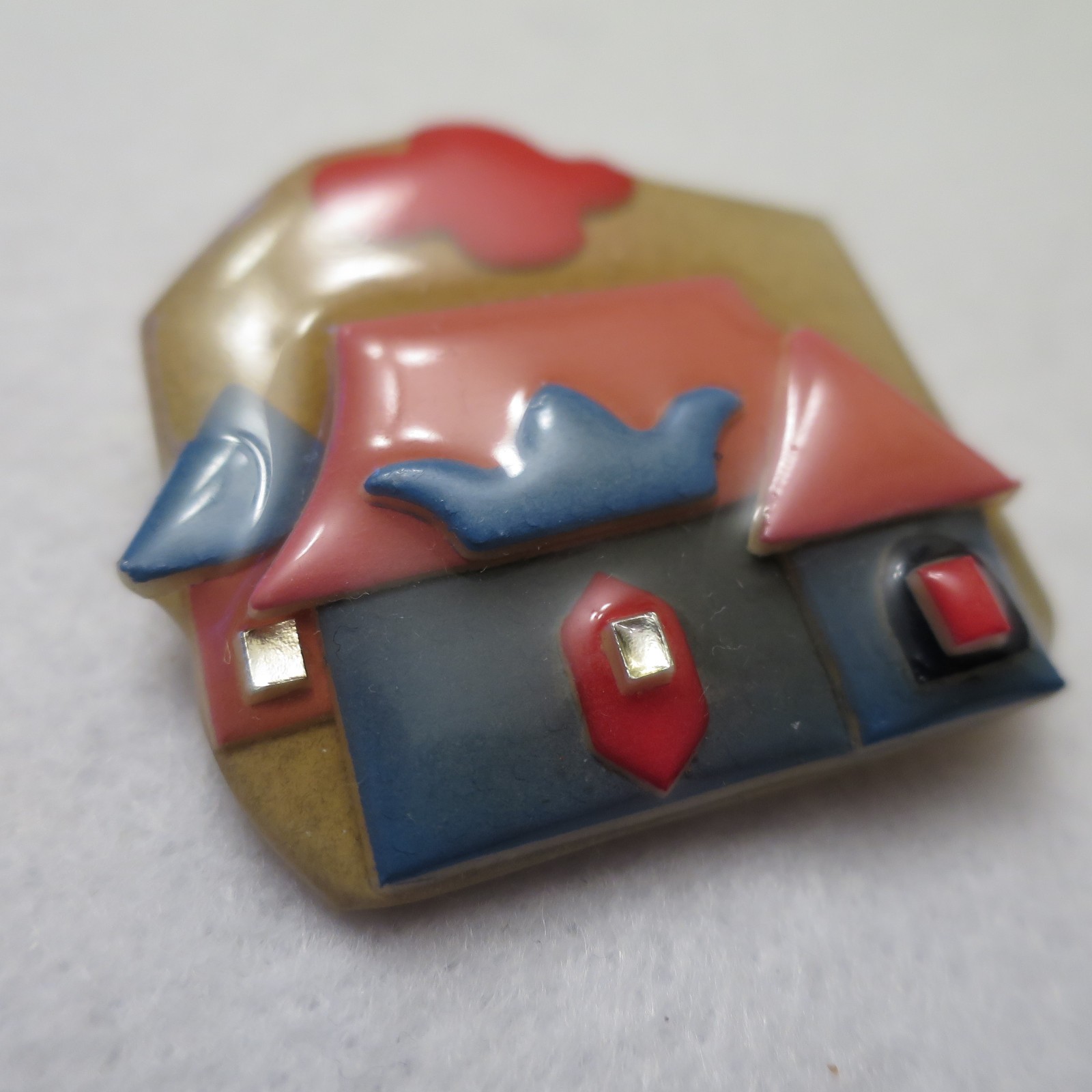Lot of 2 Lucinda House Pins City Buildings Pink Blue Brown Moon Cloud Sunset VTG