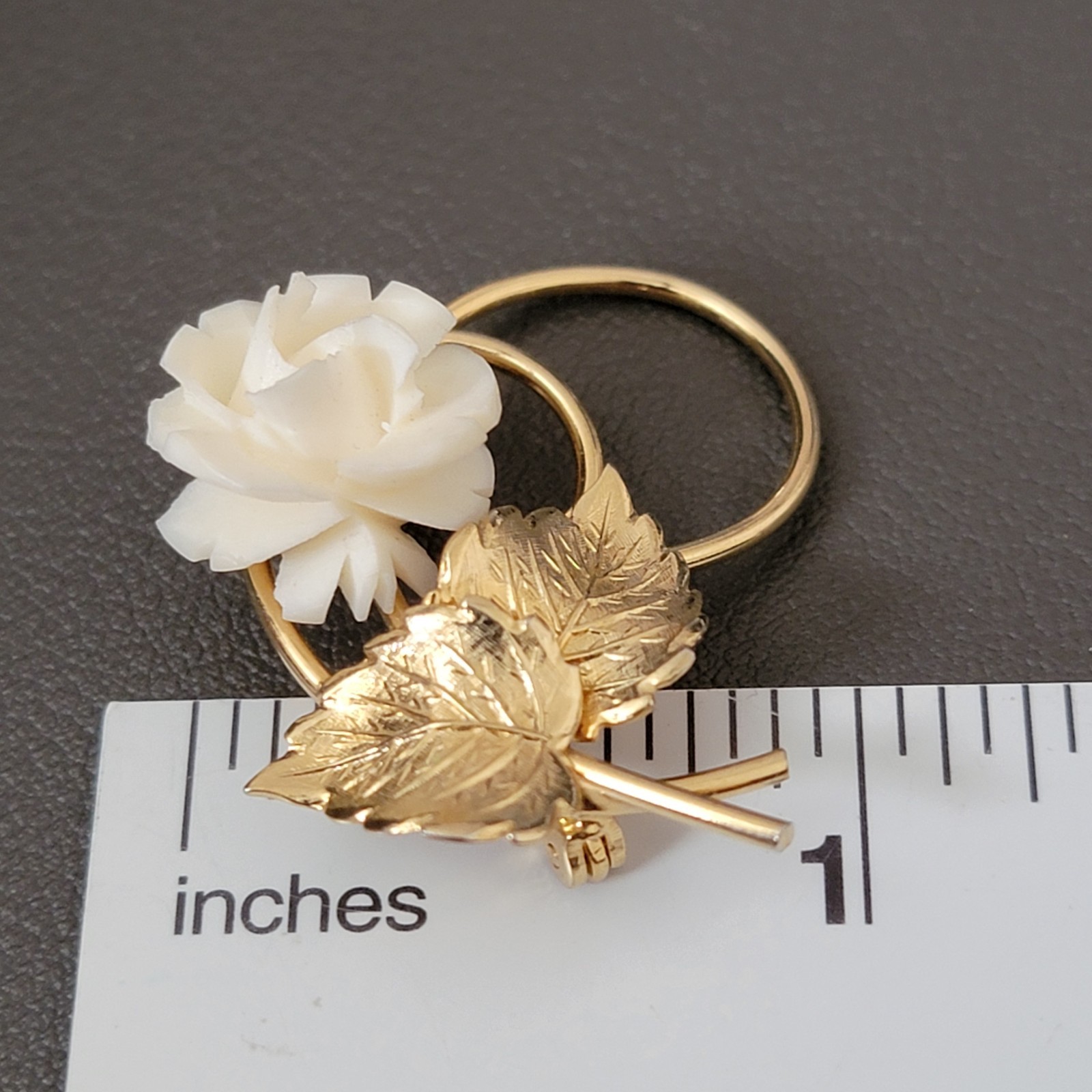 Vintage 1/20 12K Gold Filled Carved Rose Flower Leaf Brooch Pin Signed GF AC