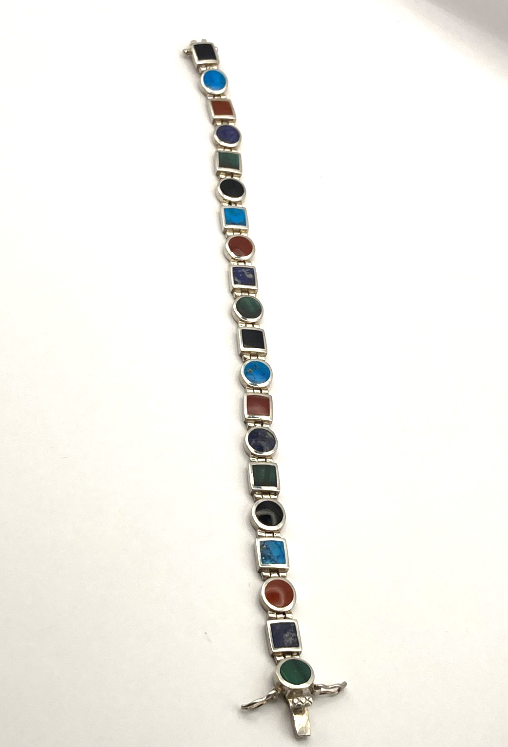 Vintage Sterling Silver Multi-Gemstone Signed Link Bracelet-Hinged-Flexible