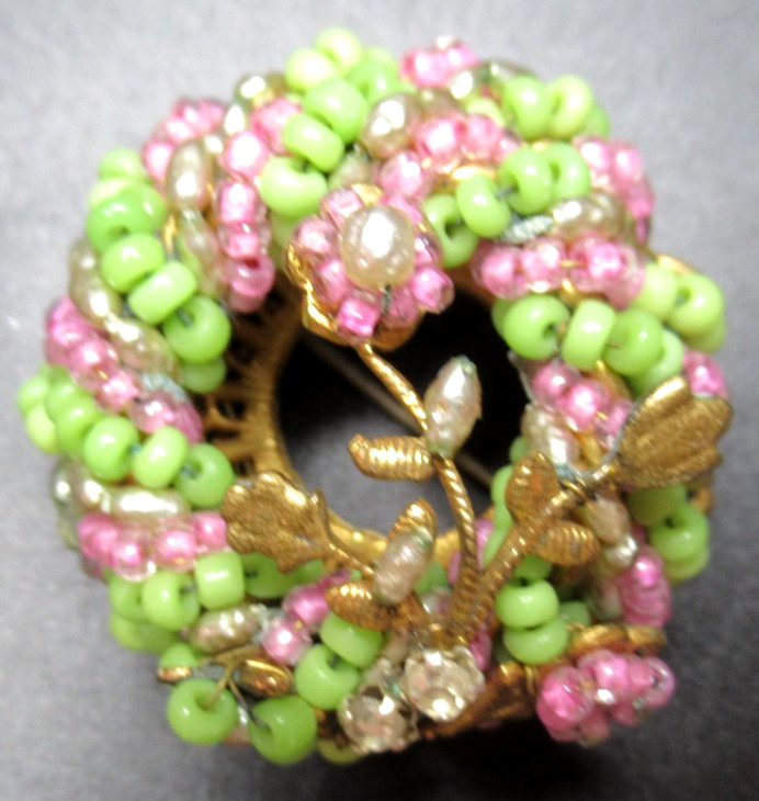 MIRIAM HASKELL Pink & Green Glass Bead Vintage Pin Brooch