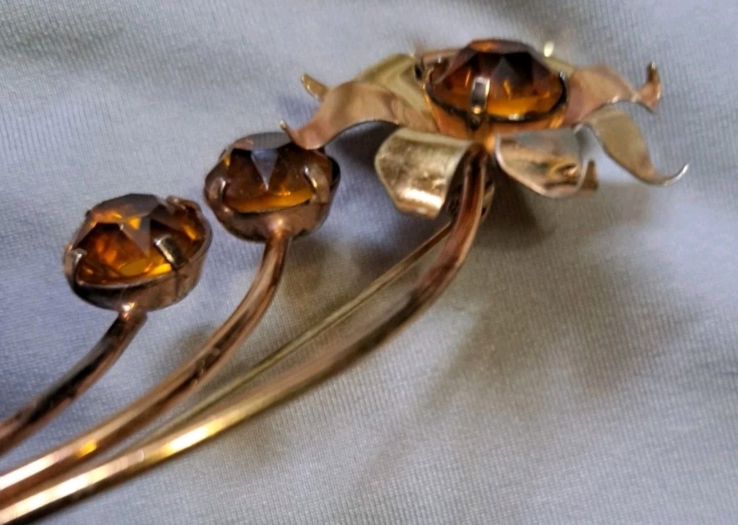 Huge 4″ Sterling Silver Gold Wash Flower Brooch Pin Amber Citrine Glass 16 Grams