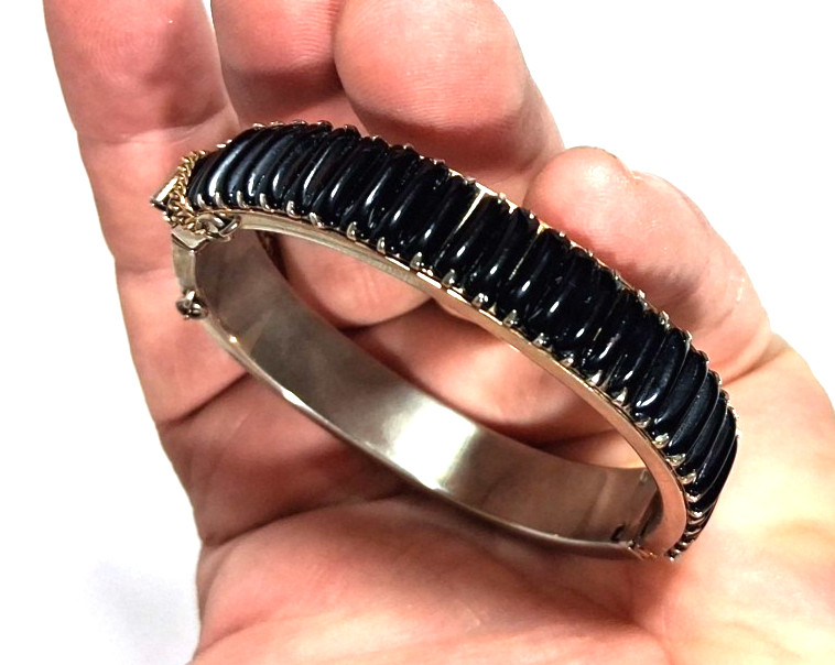 Vintage Black Baguette Onyx Silvertone Hinged Clasp Bracelet w/Safety Chain