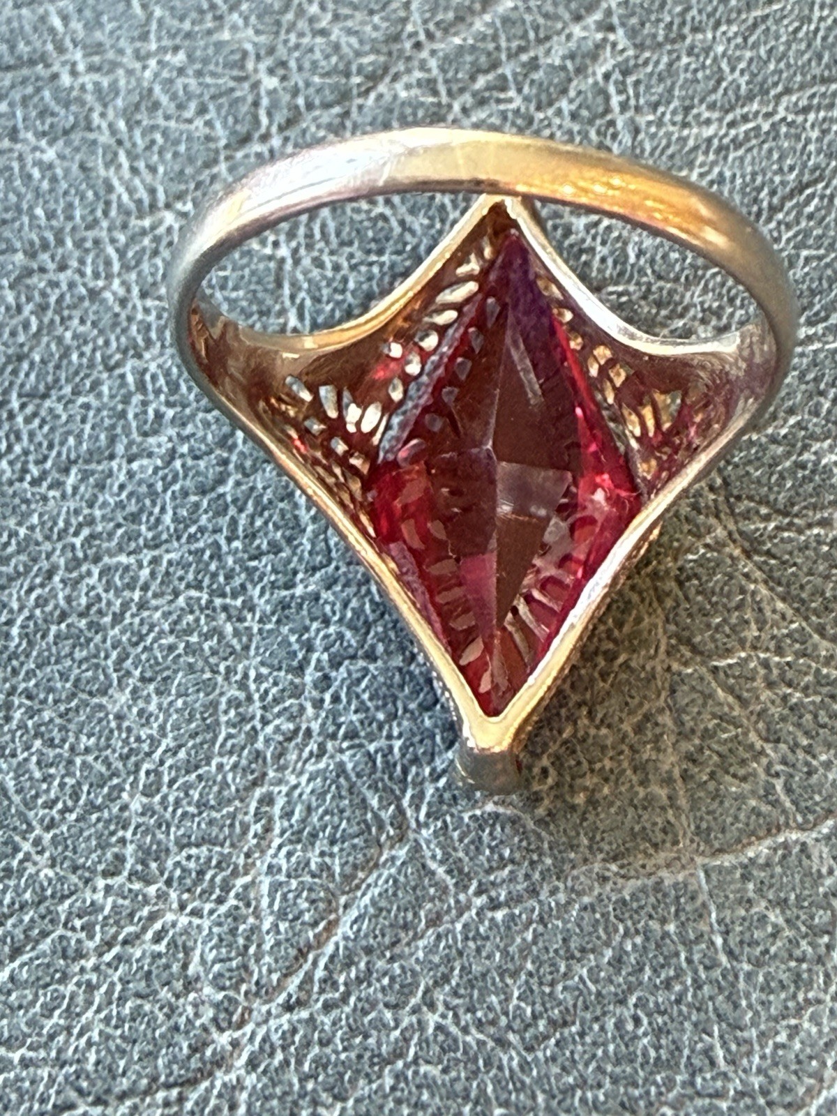 Antique Art Deco 14k White Gold Filigree Ring with a Kite Cut Ruby lab created