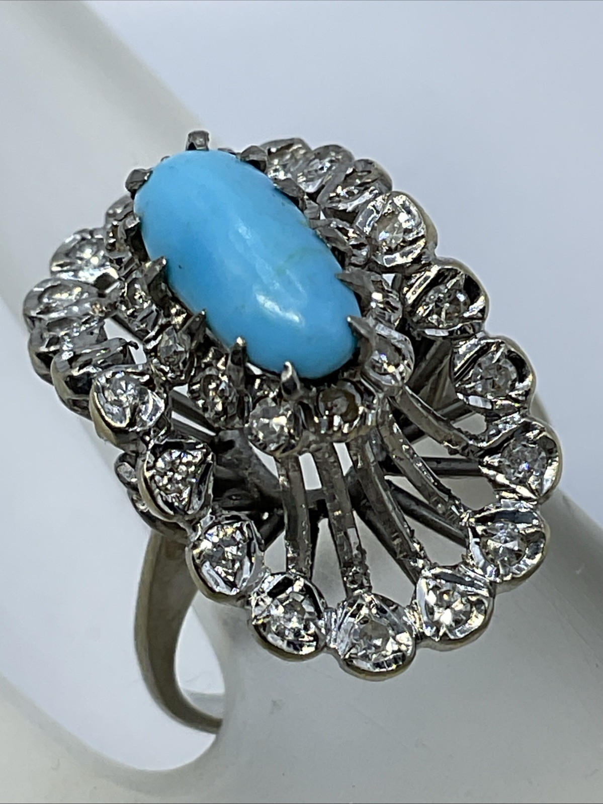 Ladies Ring Solid 18K W.Gold Turquoise & Diamond UNUSUAL DESIGN VINTAGE HANDMADE