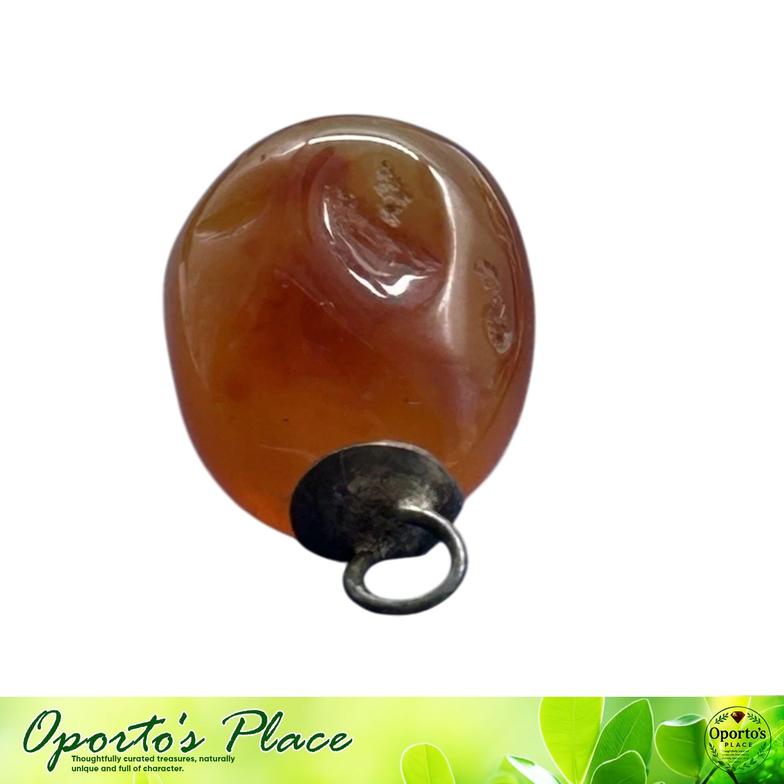 Vintage Carnelian Agate Stone Mini Charm Or Pendant With Silvertone Bail