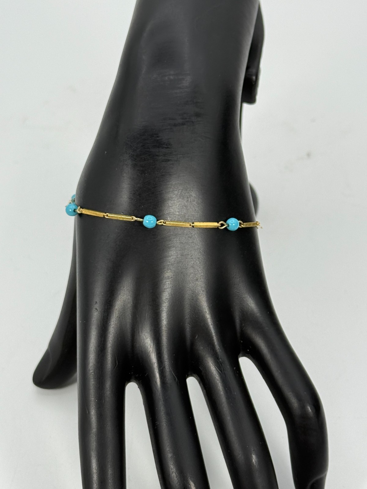VTG Yellow Gold Filled Delicate Bar Link Chain Bracelet Blue Beads Germany 2 GR