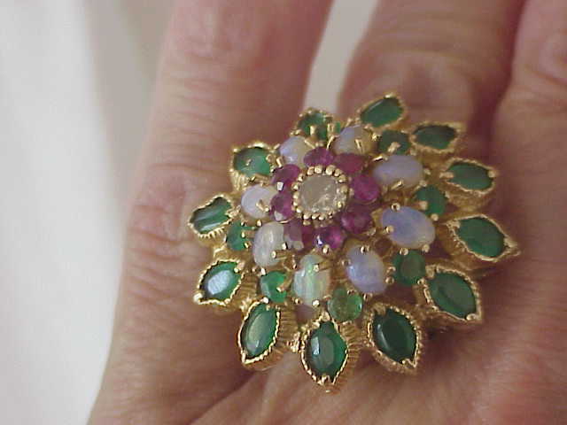 VINTAGE EUROPEAN DIAMOND-EMERALD-RUBY & OPAL STARBRUST RING SZ 5 1/2 RARE FIND