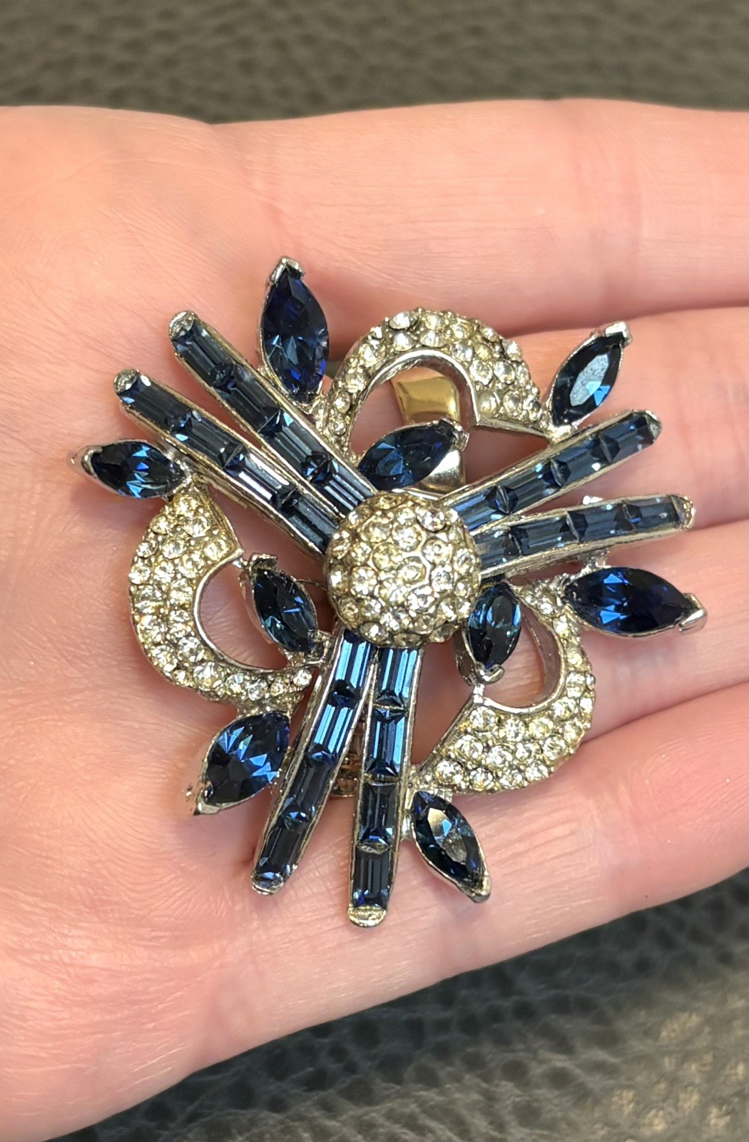 AMAZING Flower Blue Clear Pave Rhinestone Vintage High End Well Made Brooch