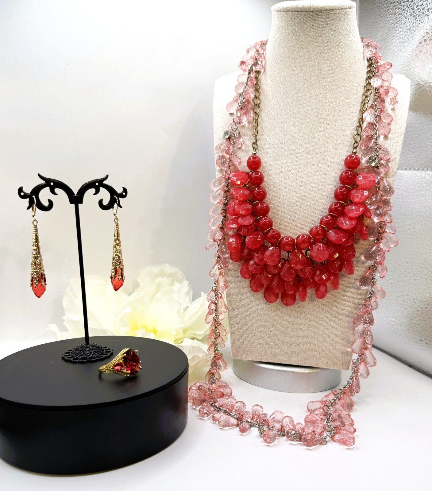 Beautiful Pink Lot 42″ & 20″ Crystal Necklaces Stunning Earrings + Gorgeous Ring