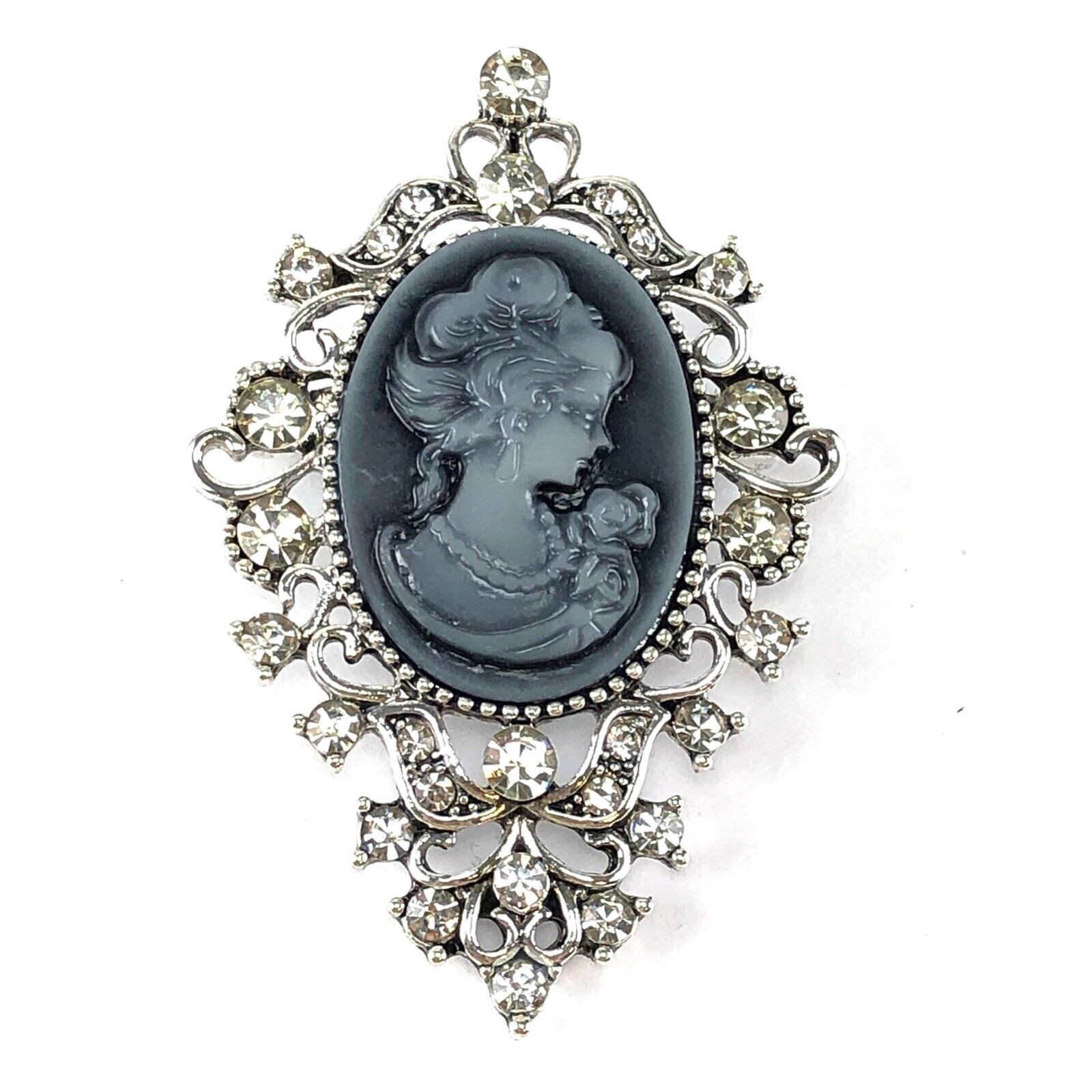 Brooch Black & Gray Cameo Silver Tone with Clear Crystals