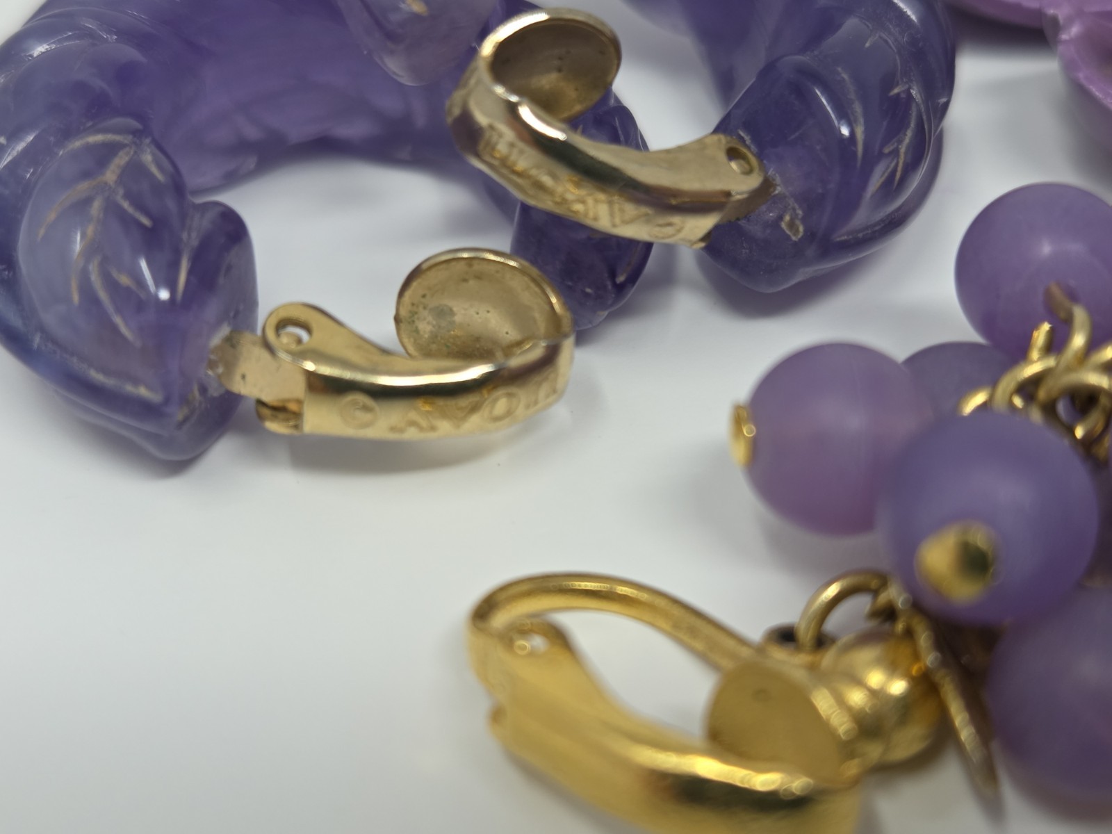 Three Pairs Purple Vintage Clip-on Earrings Grapes Bunch Dangles Hoops Enamel