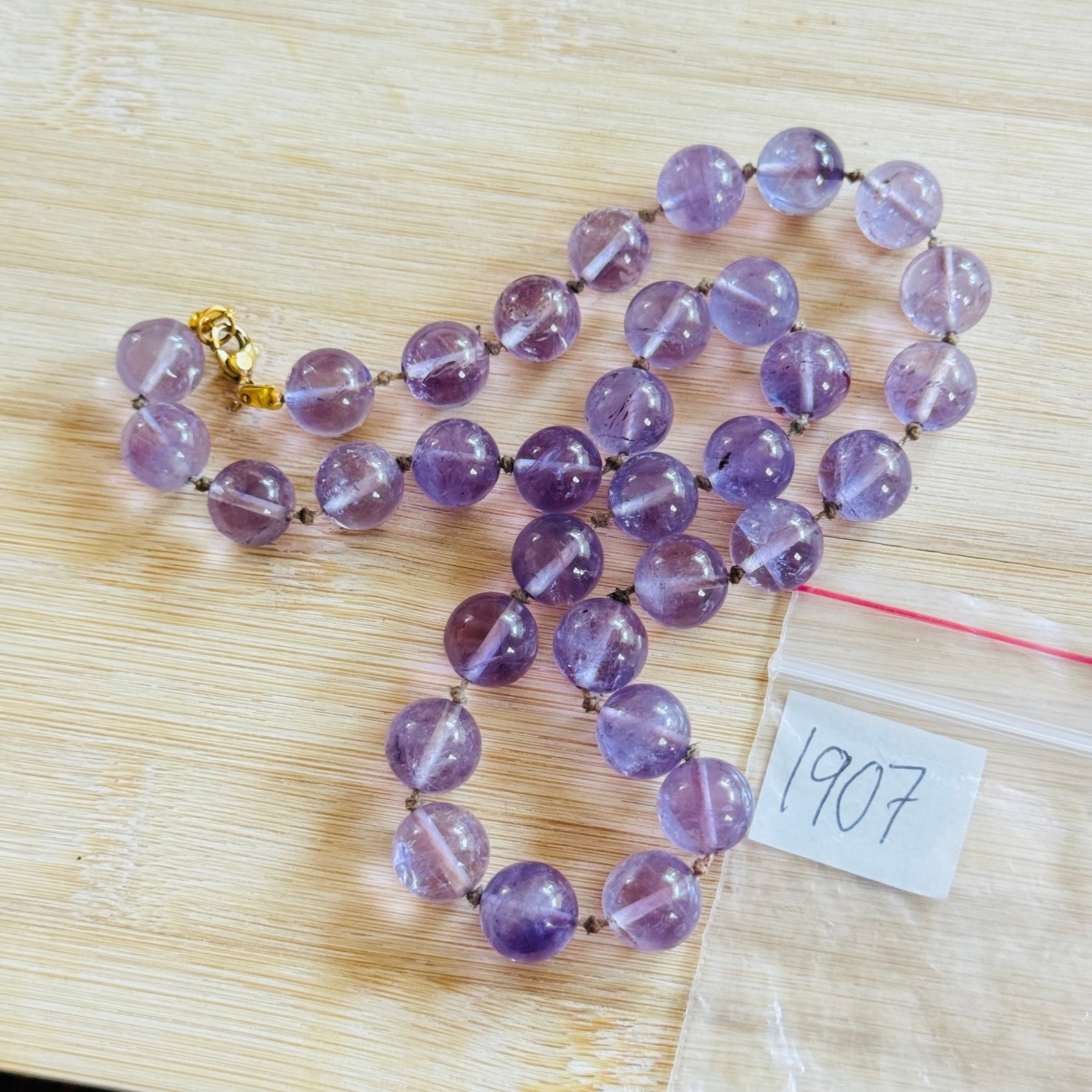 VTG Amethyst Necklace Knotted Genuine Natural Stone Round beads 19″ 10MM