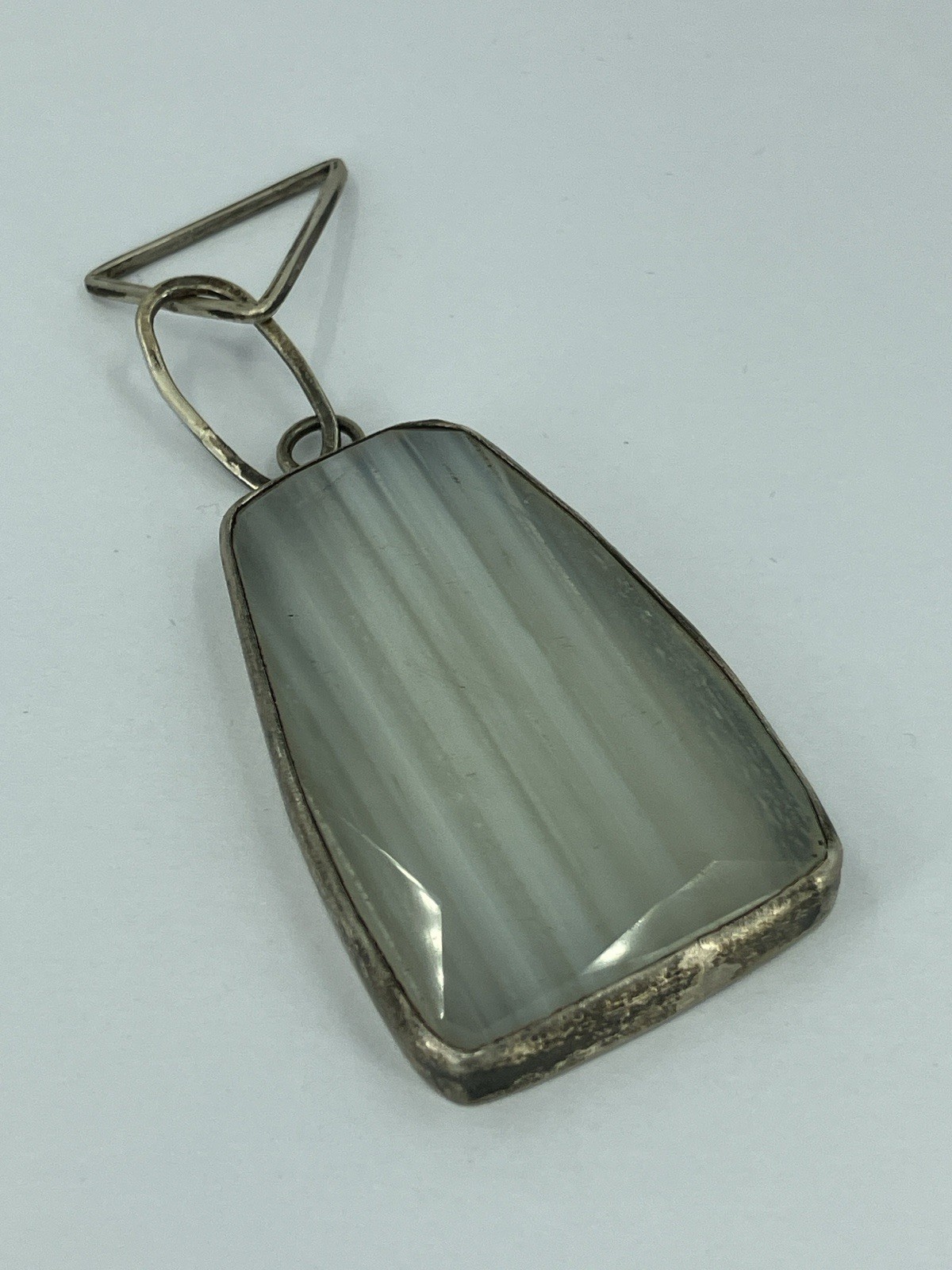 Vintage Sterling Agate Pendant Modernist Geometric Bail Banded Stone Silver 28g