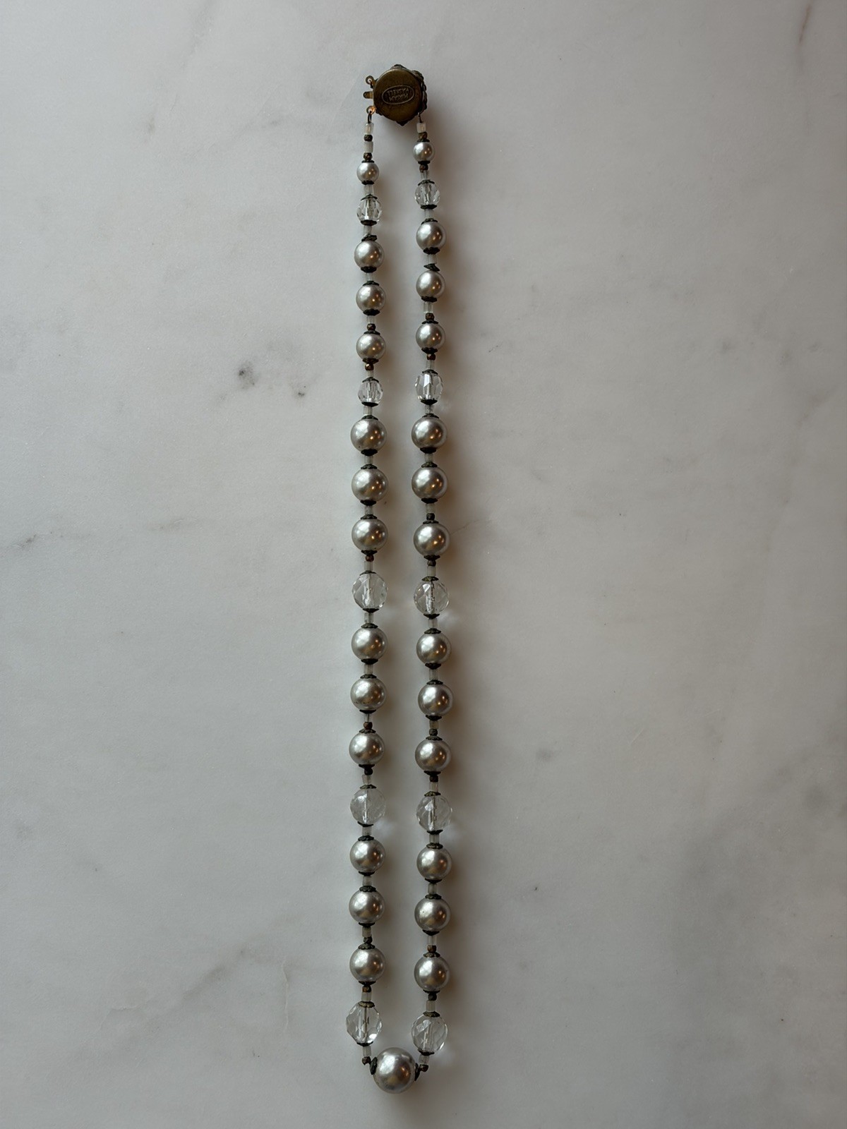 Vintage Miriam Haskell 22″ Grey Pearl & Faceted Crystal Necklace Flower Clasp