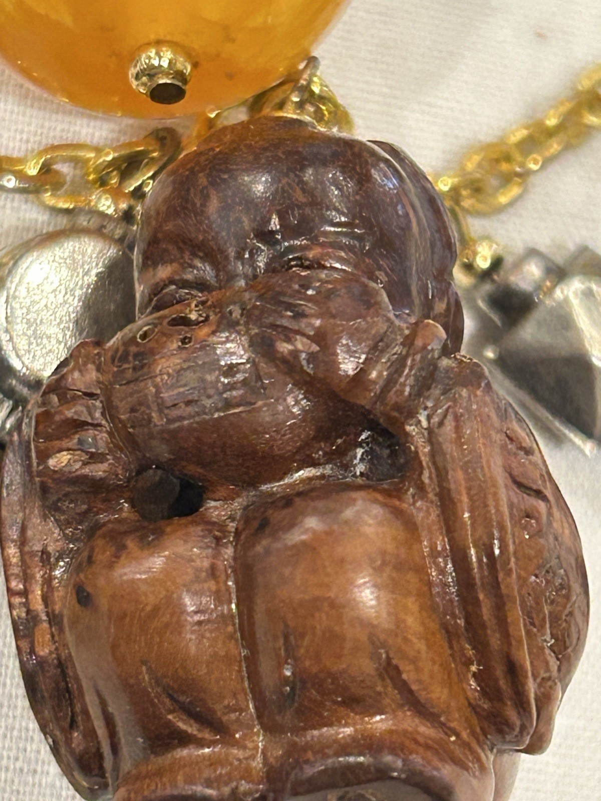 Vtg Asian-Themed Mixed Material 3-Strand Charm Necklace w/Carved Wood Buddha 28”