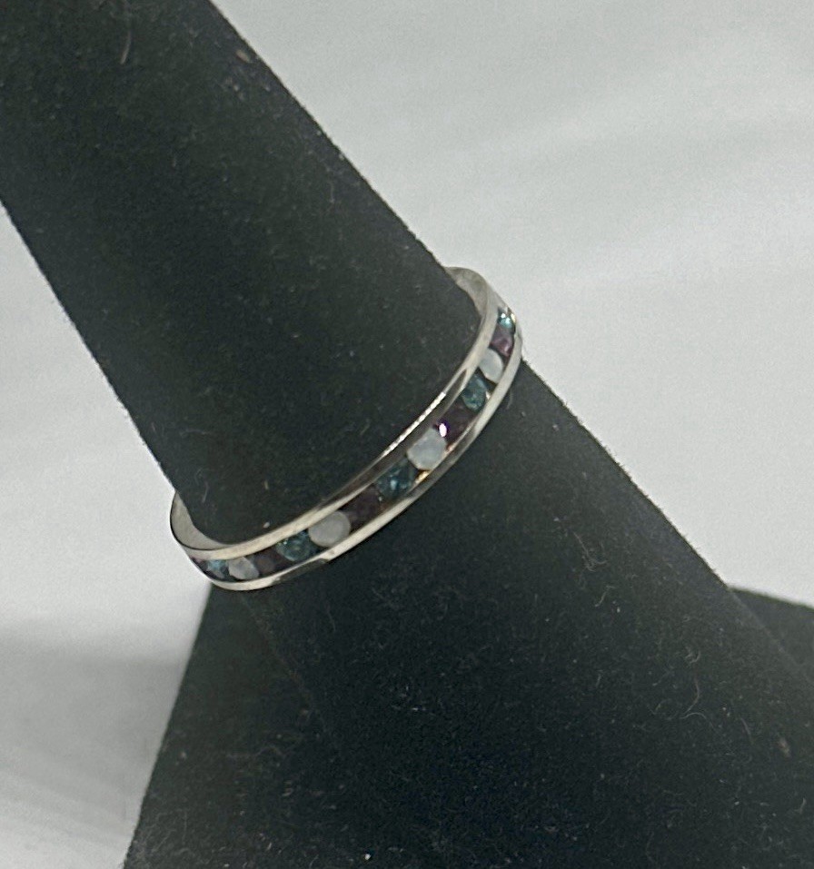 Purple Blue White Rhinestone Channel Eternity Silver Tone Band Ring Size 7
