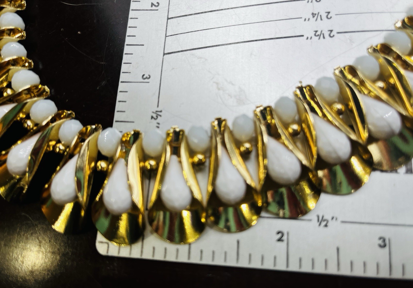 Miriam Haskell Faceted White Beaded Fluted Gold Tone Statement Collar Necklace