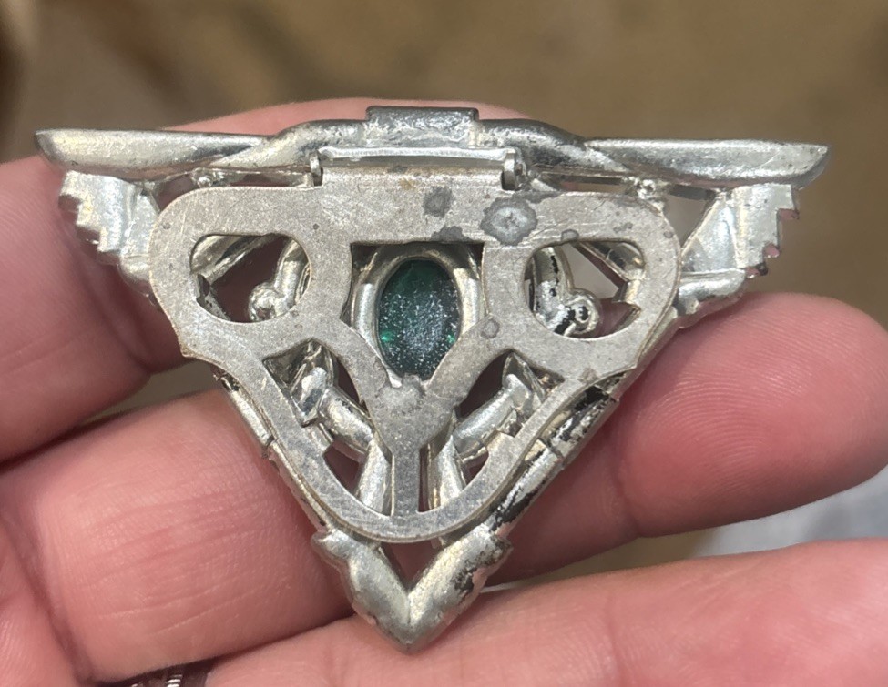 Vintage Art Deco Silver Tone Clear Rhinestone Green Glass Fur Dress Clip