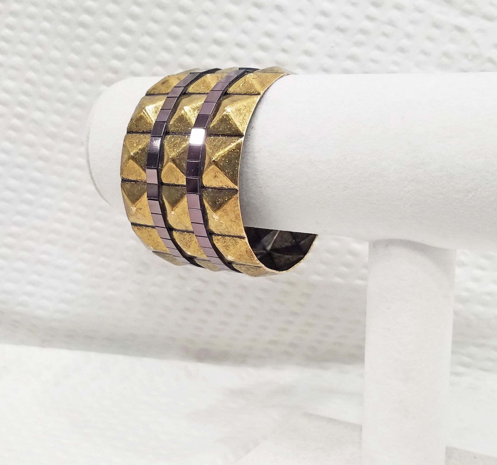 Vintage 1980s Rocker Style Pyramid Studded Brass & Gunmetal Wide Bangle Bracelet