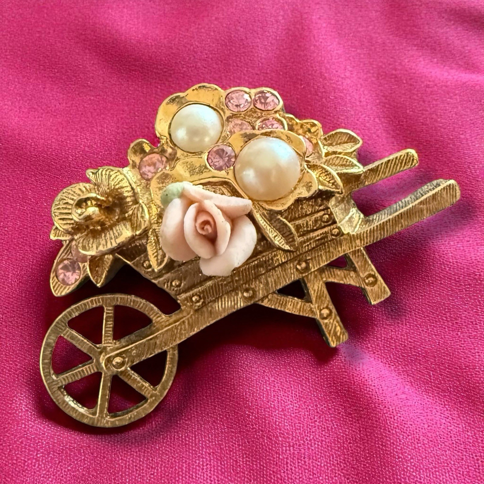 1928 Jewelry Floral Wheelbarrow Brooch Gold Tone Pink Rhinestone Vintage