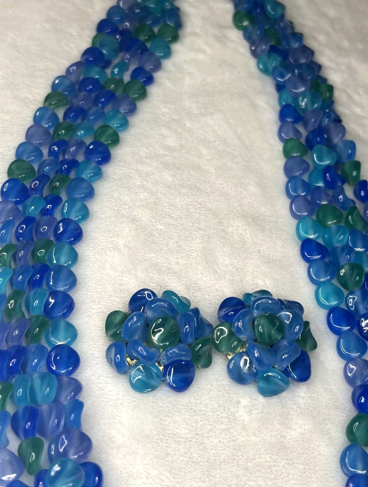 MCM Necklace And Earrings Blue And Green Clustered Lucite Clip Ons Vintage