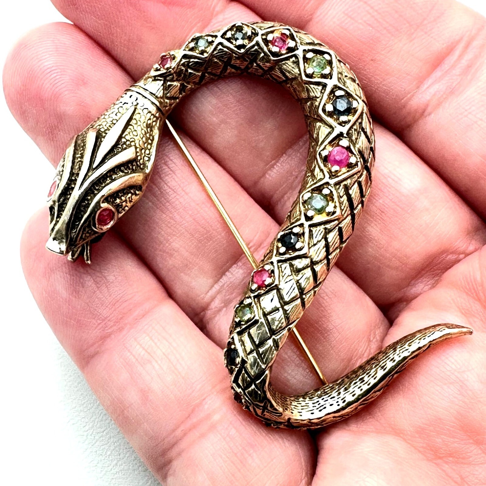 Vintage Ruby Sapphire Emerald Gold Over Sterling Silver Snake Brooch Estate