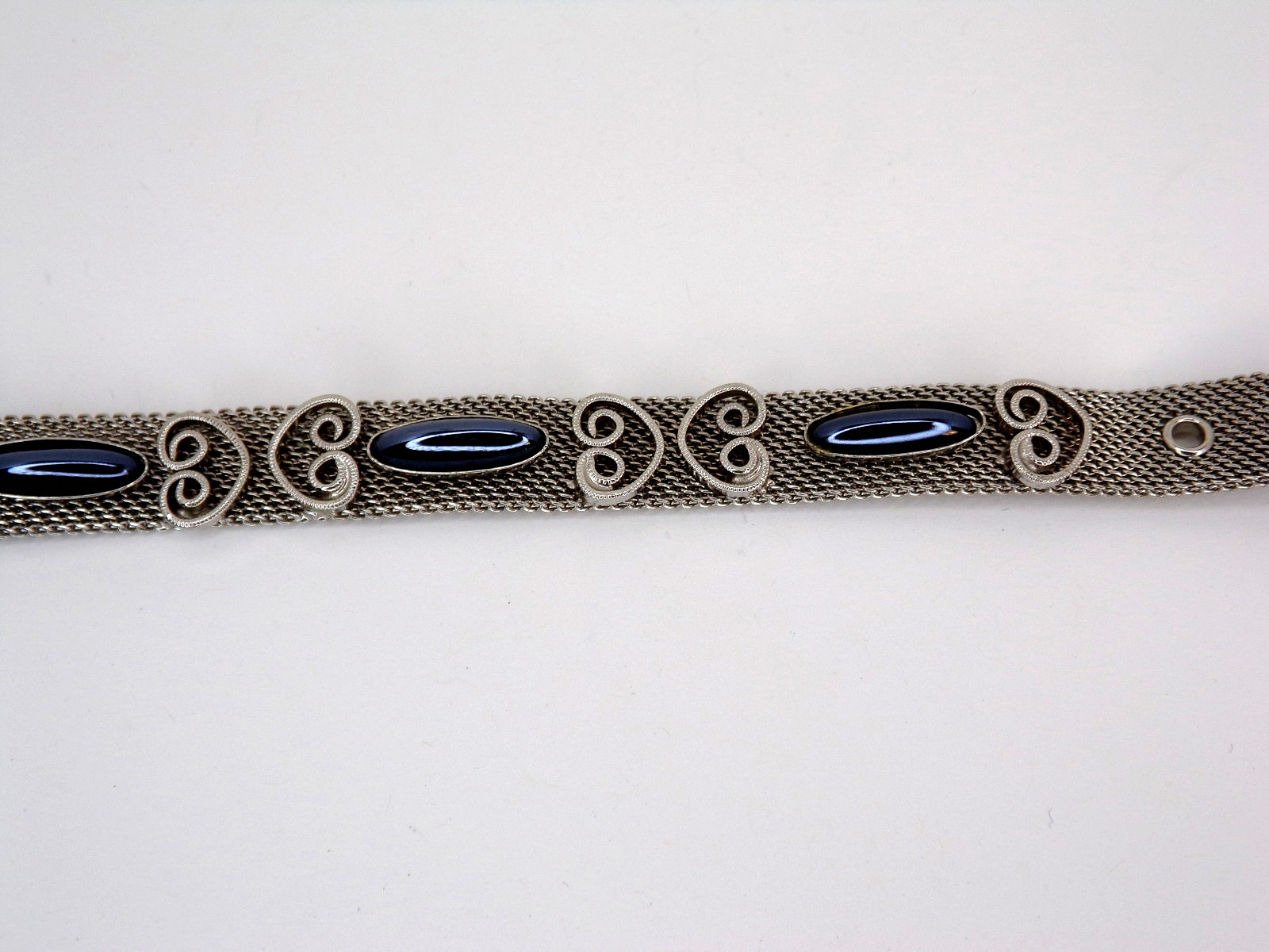 Vintage Mesh Silver Tone Belt Buckle Bracelet with Black Glass Stones, Jewelry