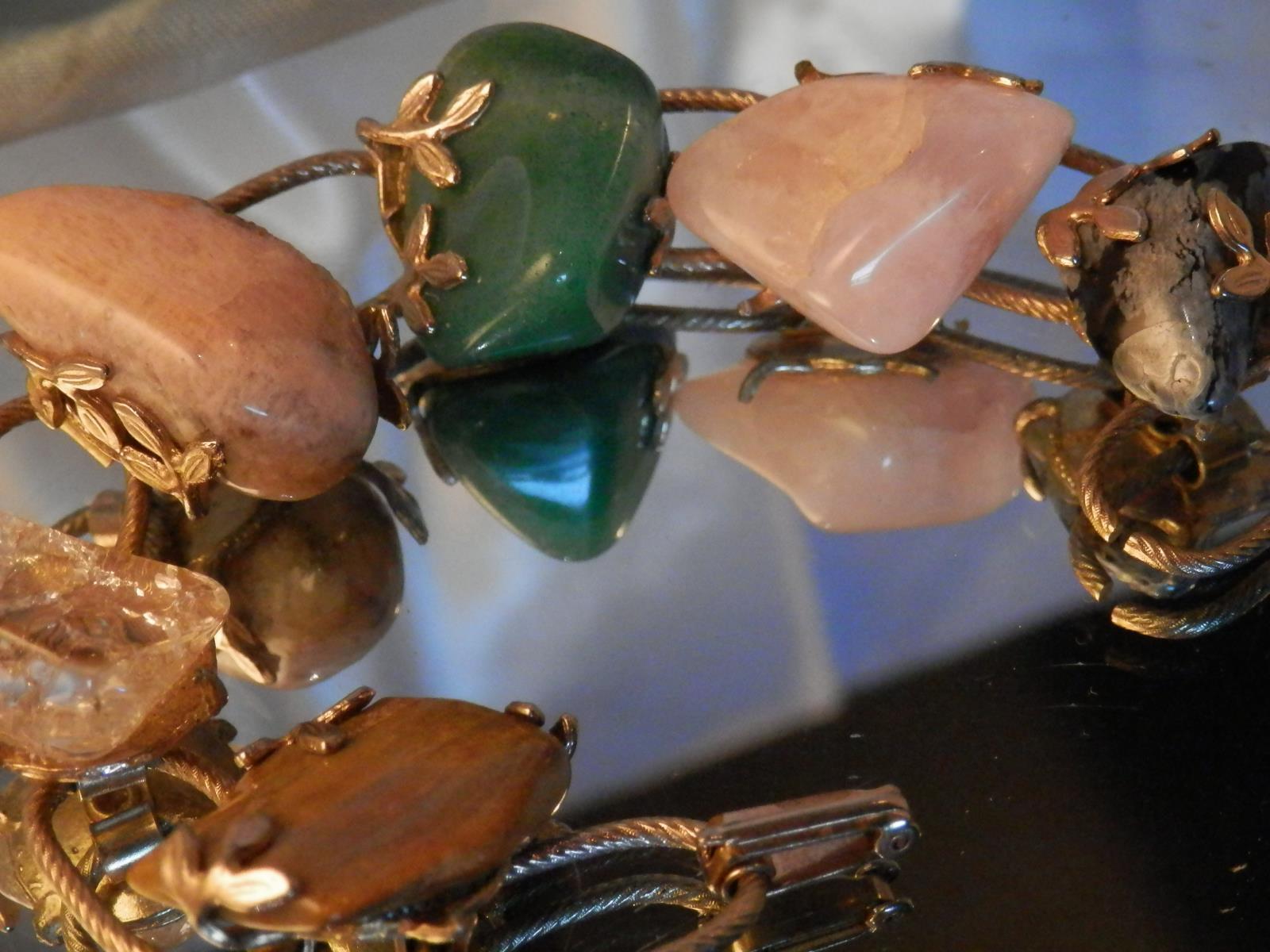 WOW Chunky Vintage 50’s Gorgeous Jade Pink Quartz Jasper Tiger Eye Bracelet 10N4