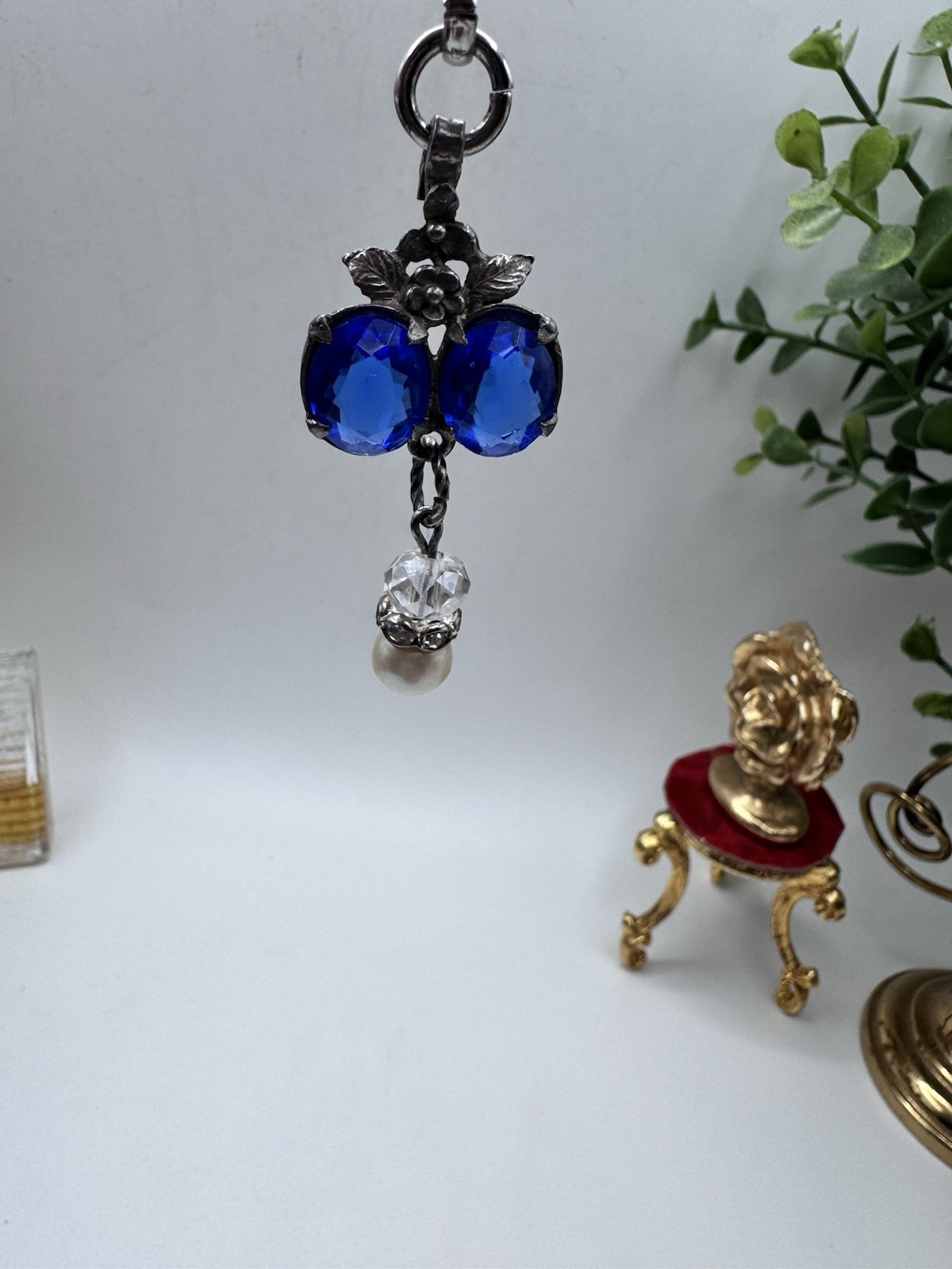 Vintage Circa 1920s Art Deco Necklace & Earrings Set Blue Glass Pearl Floral