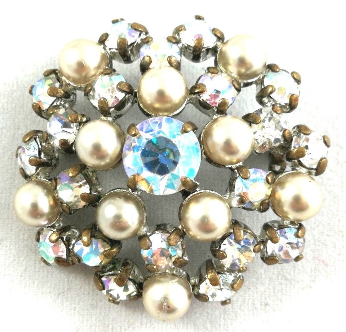 Czech Brooch Mid Century Pin Vintage Glass Rhinestone Faux Pearls Vtg Accessory
