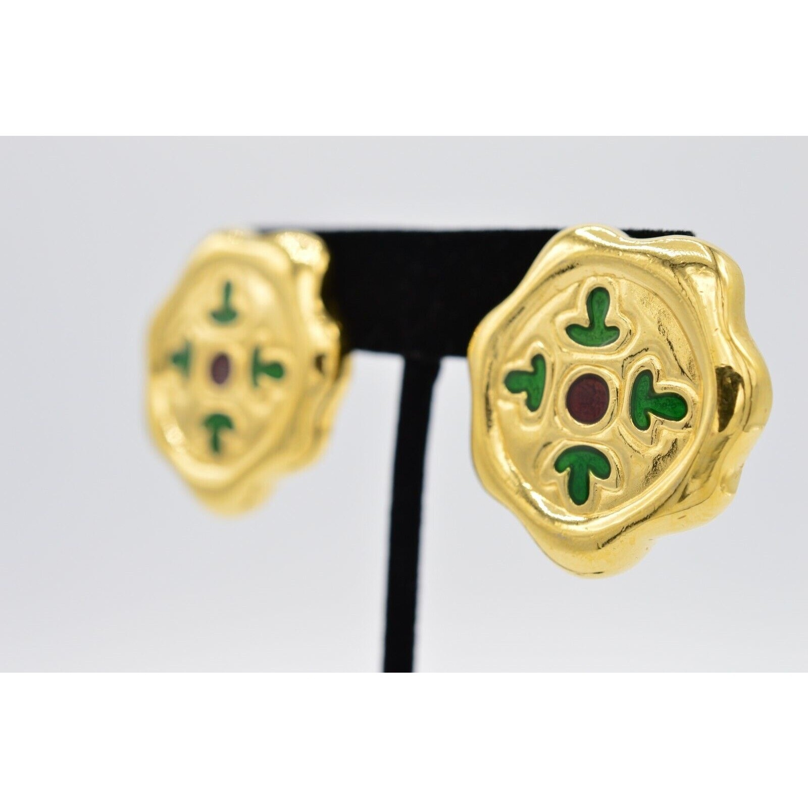 Givenchy Vintage Clip On Earrings Chunky Gold Green Red Enamel Signed 1980s BinX