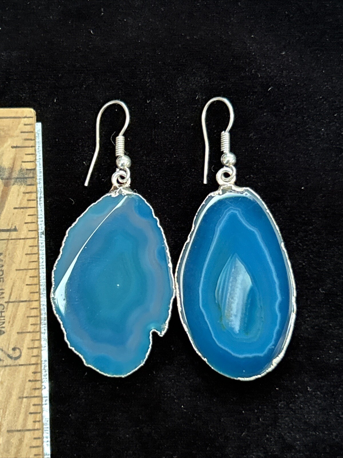 Vintage Silver Tone Blue Geode Slice Dangle Drop Pierced Earrings Large 2.25”